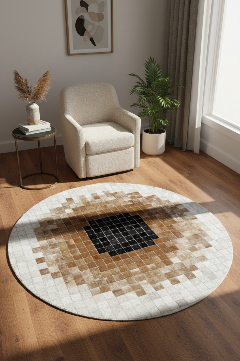 Patchwork Yuvarlak Orijinal Deri Halı