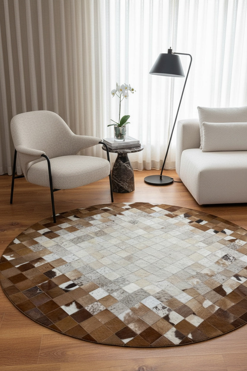 Patchwork Yuvarlak Orijinal Deri Halı