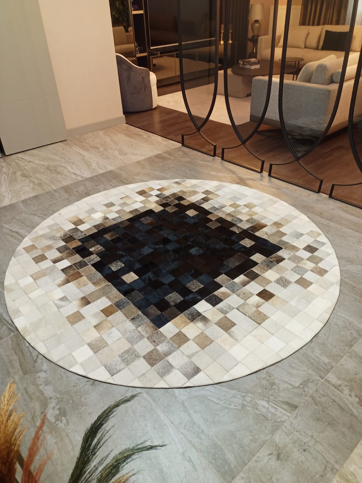 Patchwork Yuvarlak Orijinal Deri Halı