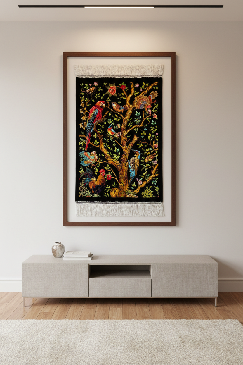 Kuş Desenli Tablo Bambu Halı