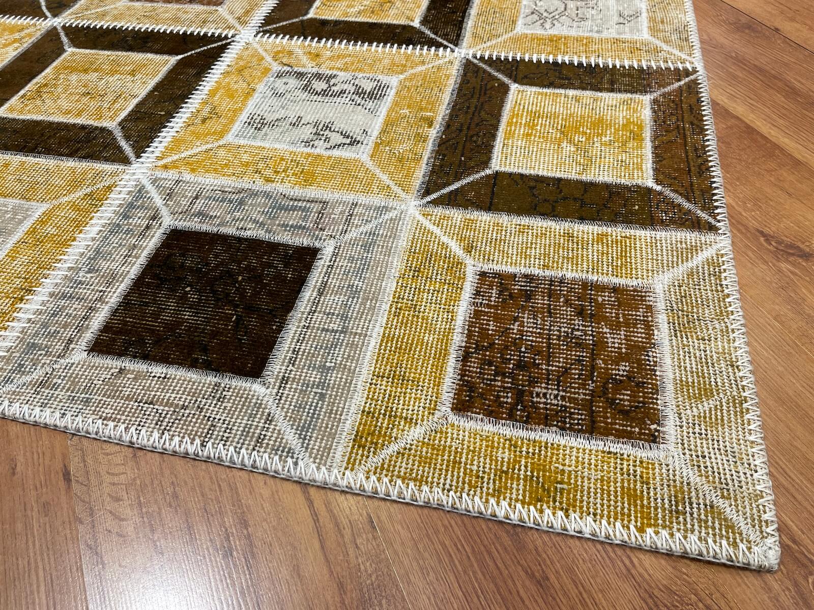 Patchwork Sarı Kahverengi El Dokuma Halı