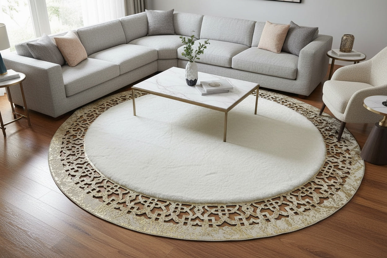 Lazer Kesim Gold Yuvarlak Peluş Halı