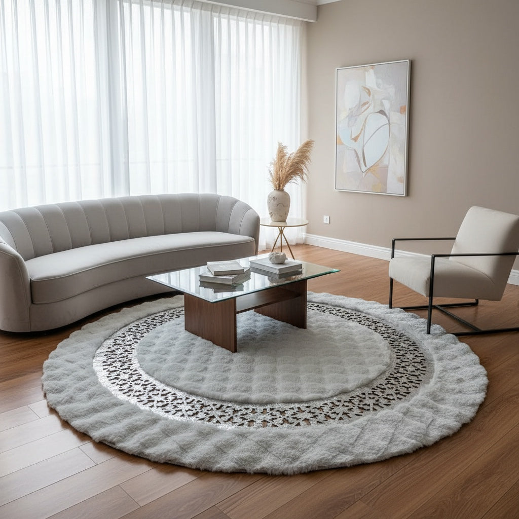 Lazer Kesim Gri Yuvarlak Peluş Halı