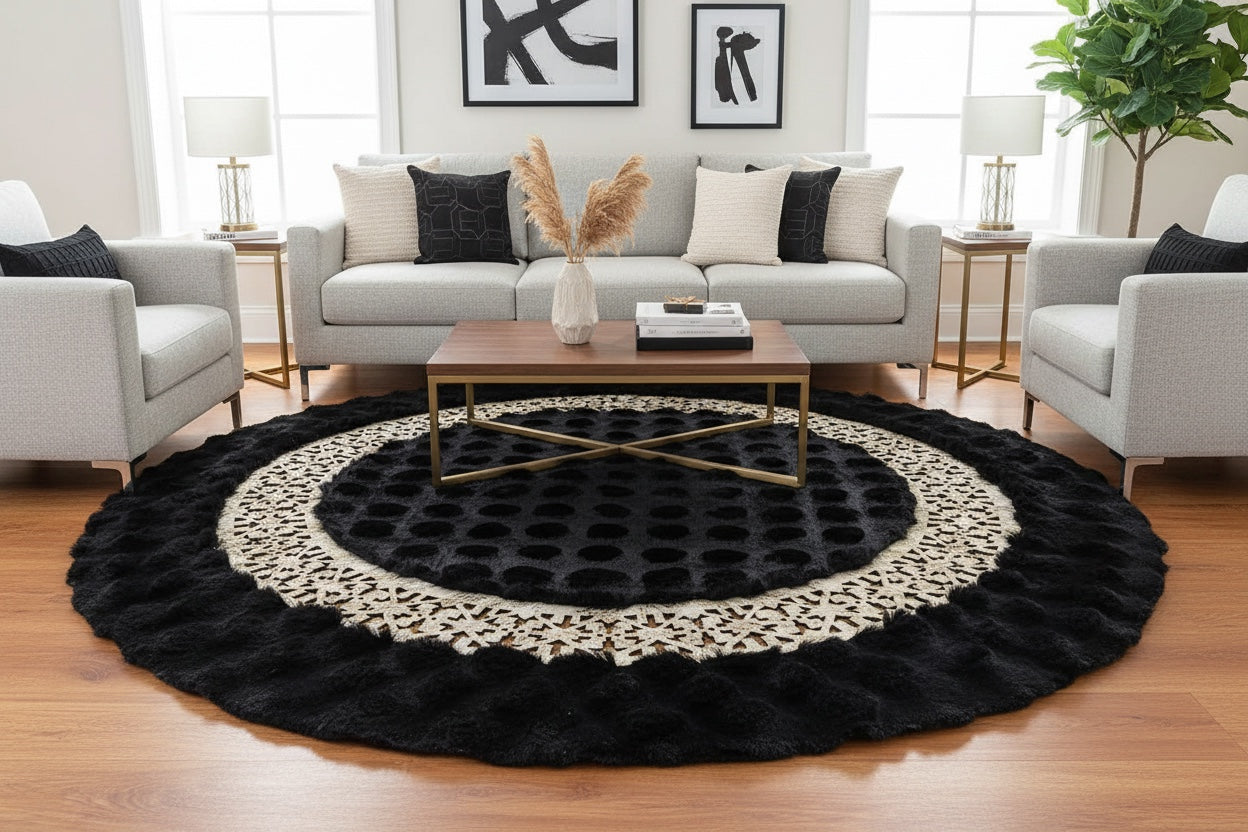 Lazer Kesim Siyah Yuvarlak Peluş Halı