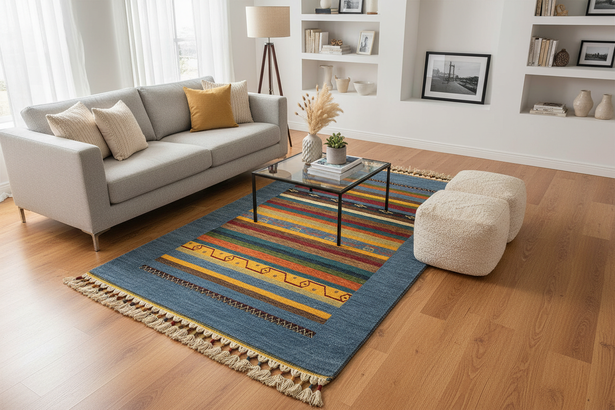 Tribal El Dokuma Mavi Yün Halı