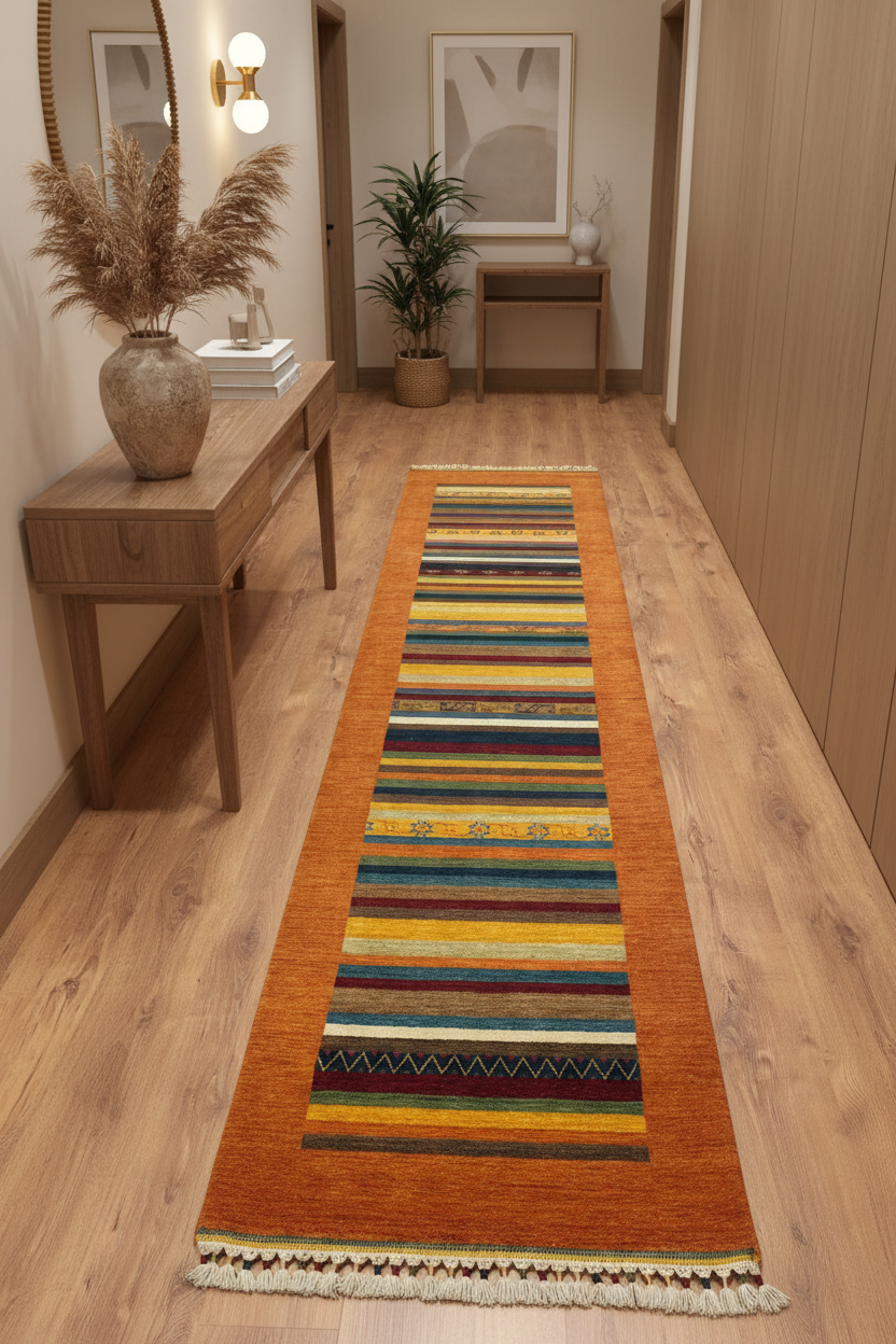 Tribal El Dokuma Turuncu Yün Halı Yolluk