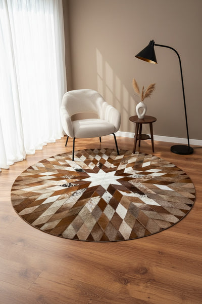 Patchwork Yuvarlak Orijinal Deri Halı