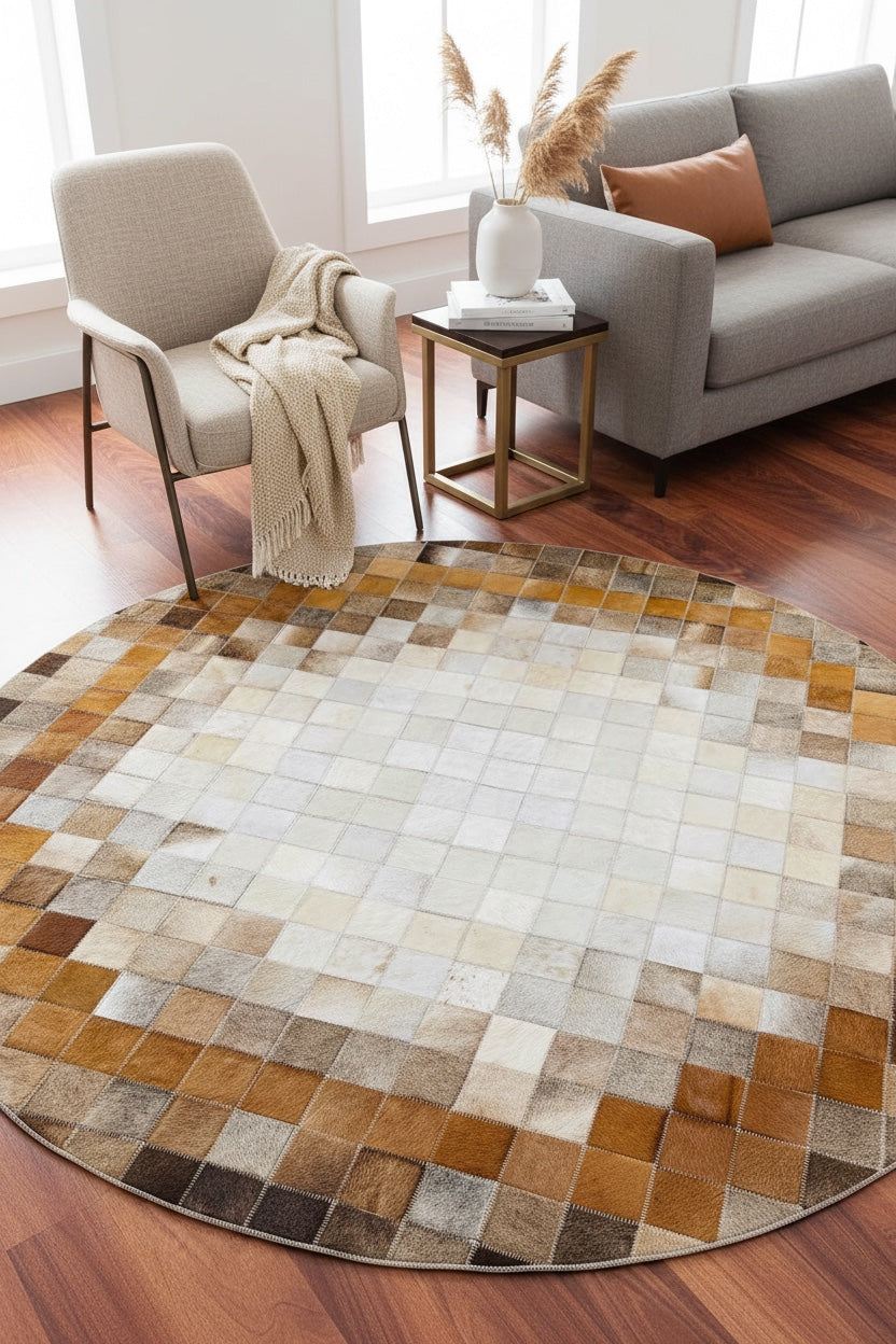 Patchwork Yuvarlak Orijinal Deri Halı