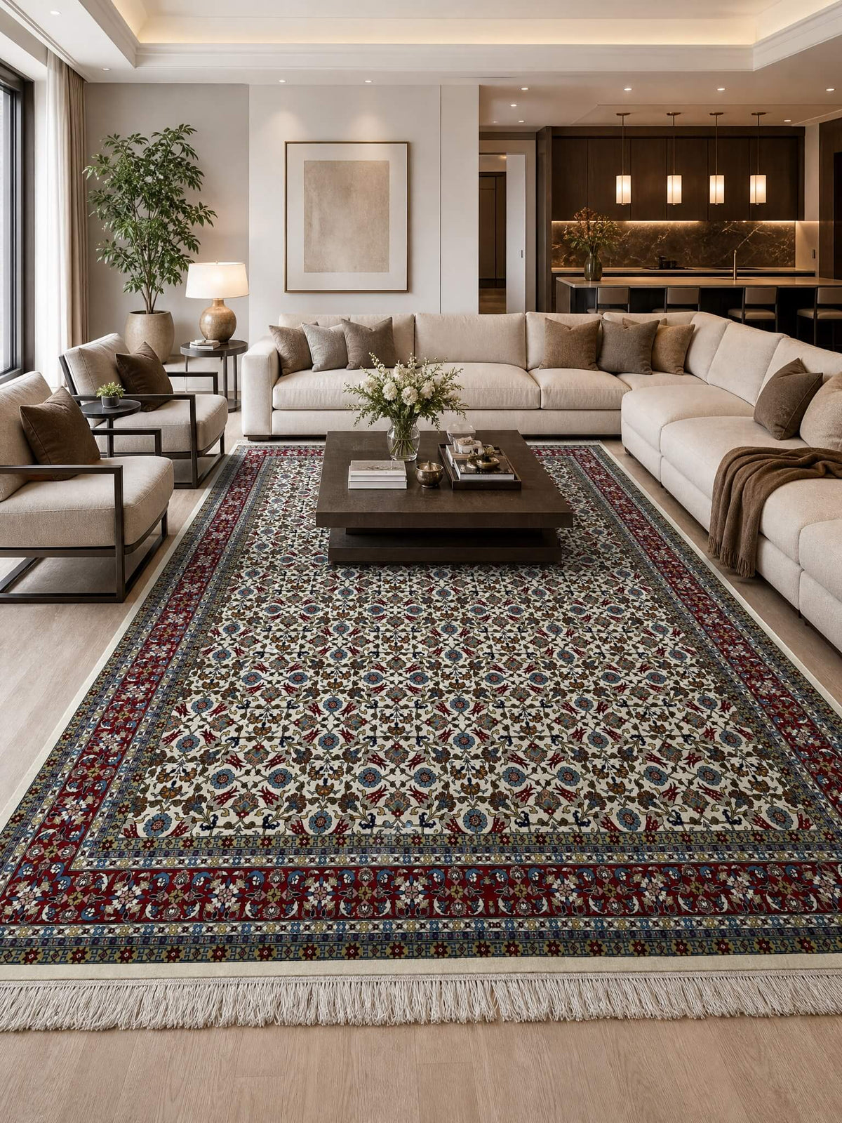 Hereke Lale Desenli Krem El Dokuma Halı