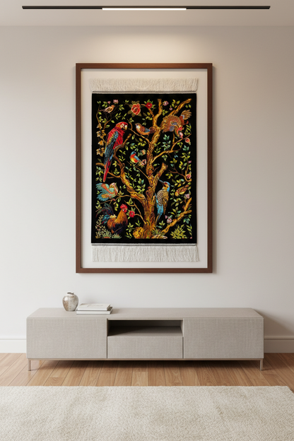 Kuş Desenli Tablo Bambu Halı