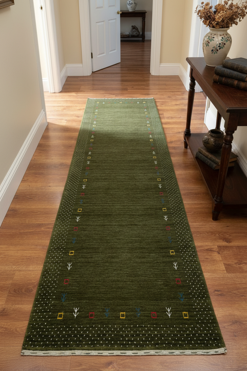 Lori El Dokuma Yeşil Yün Halı Yolluk