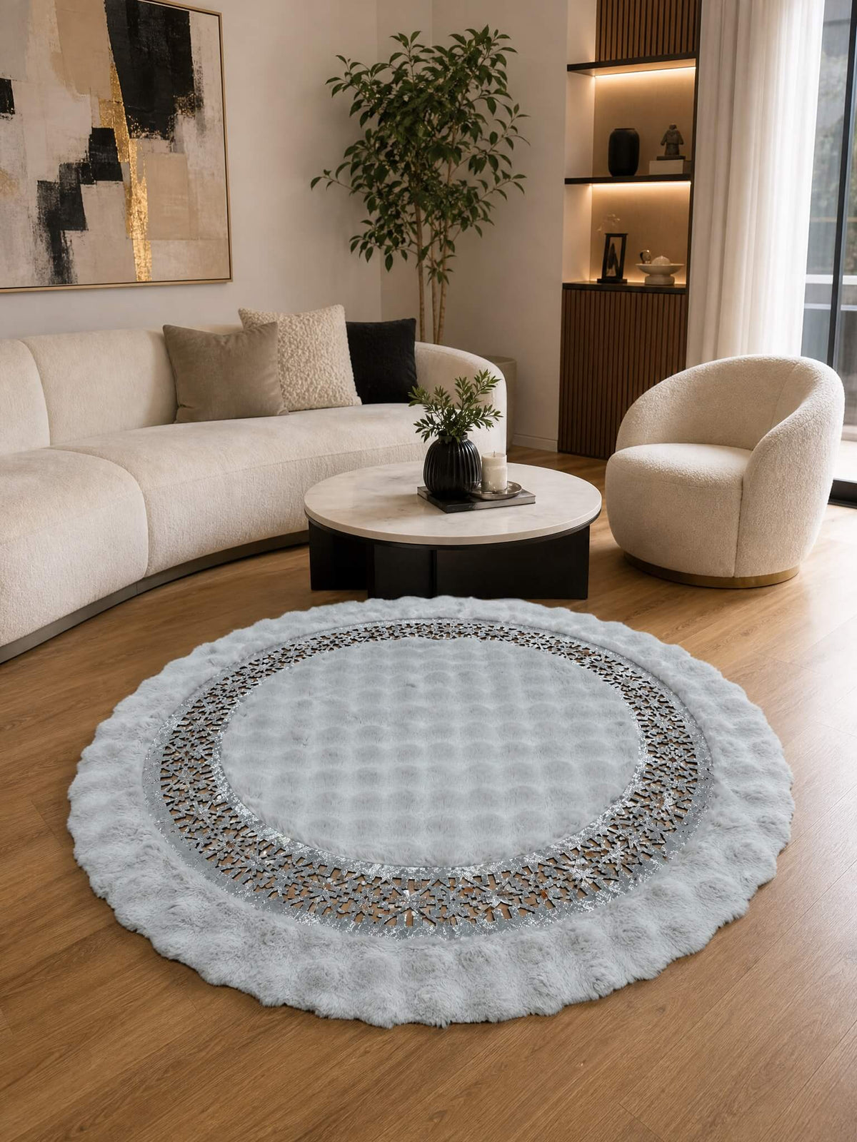 Lazer Kesim Gri Yuvarlak Peluş Halı