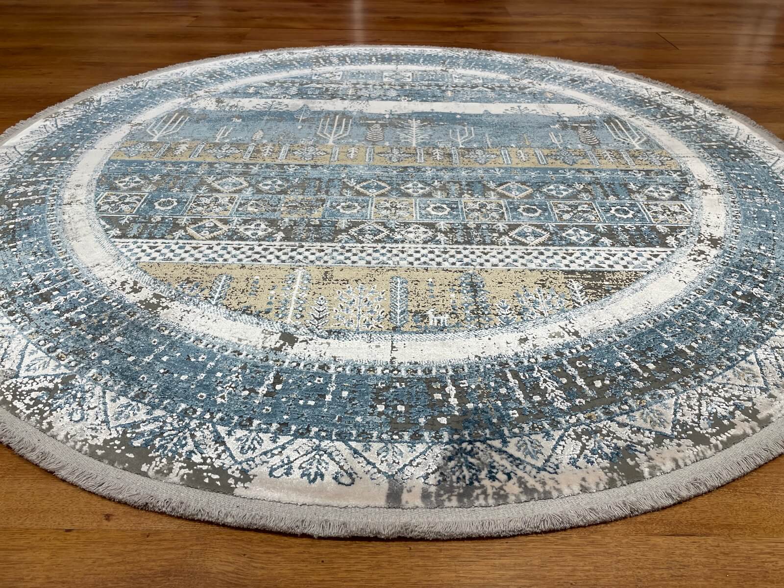 Quality Carpet Bambu Halı Yuvarlak Tribal Mavi