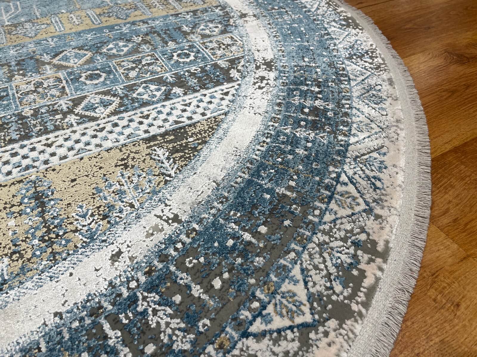 Quality Carpet Bambu Halı Yuvarlak Tribal Mavi