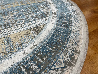 Quality Carpet Bambu Halı Yuvarlak Tribal Mavi