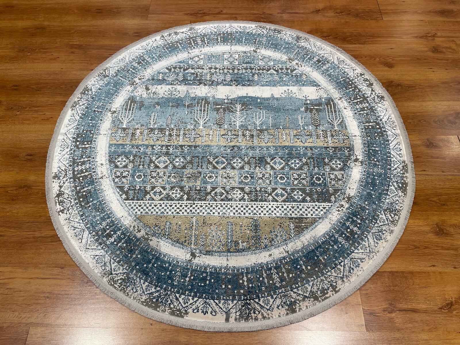 Quality Carpet Bambu Halı Yuvarlak Tribal Mavi