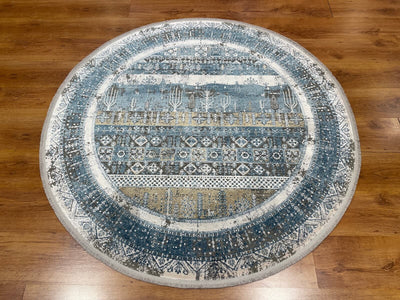 Quality Carpet Bambu Halı Yuvarlak Tribal Mavi