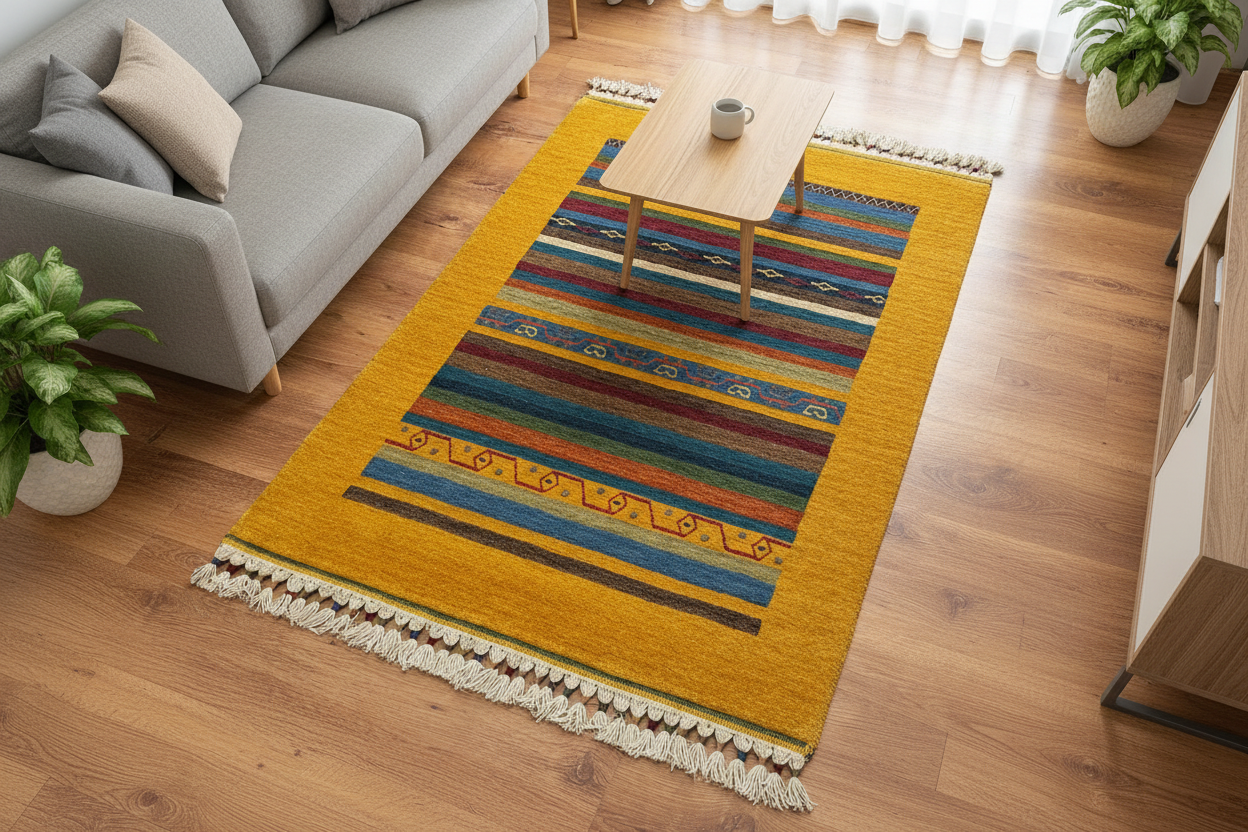 Tribal El Dokuma Sarı Yün Halı