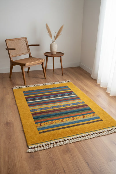 Tribal El Dokuma Sarı Yün Halı