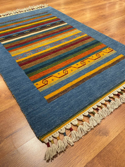 Tribal El Dokuma Mavi Yün Halı