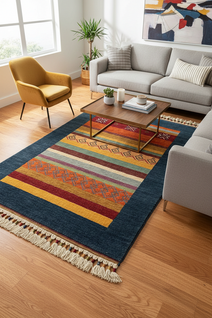 Tribal El Dokuma Lacivert Yün Halı