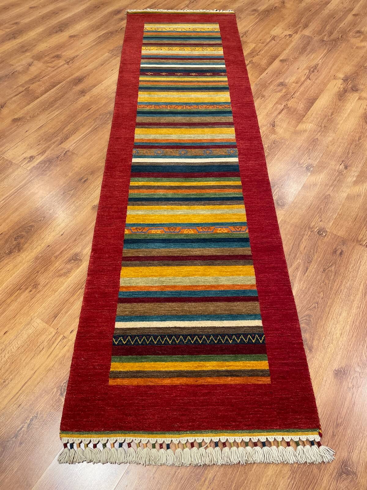 Tribal El Dokuma Kırmızı Yün Halı Yolluk