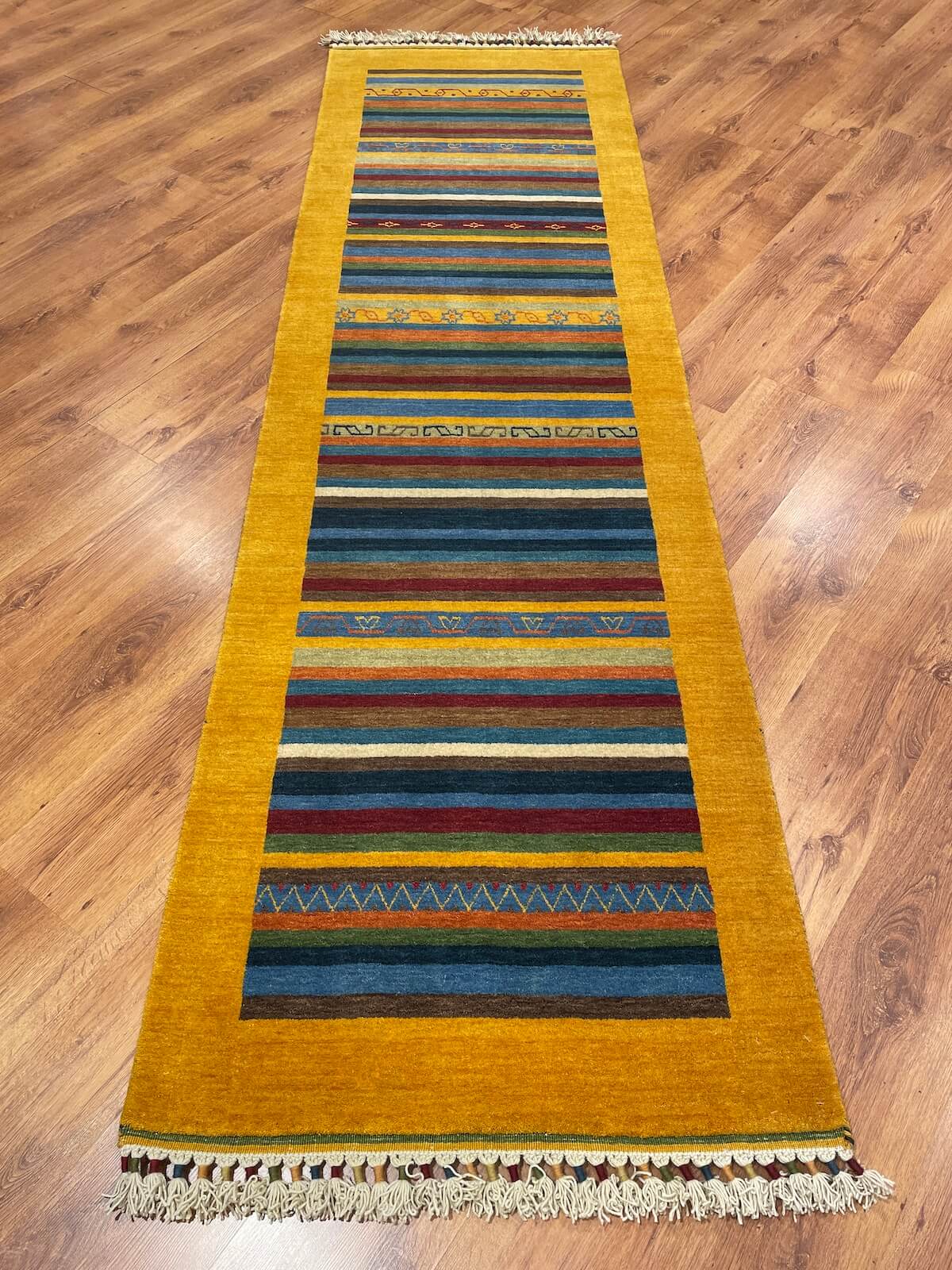 Tribal El Dokuma Sarı Yün Halı Yolluk