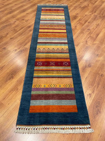 Tribal El Dokuma Mavi Yün Halı Yolluk